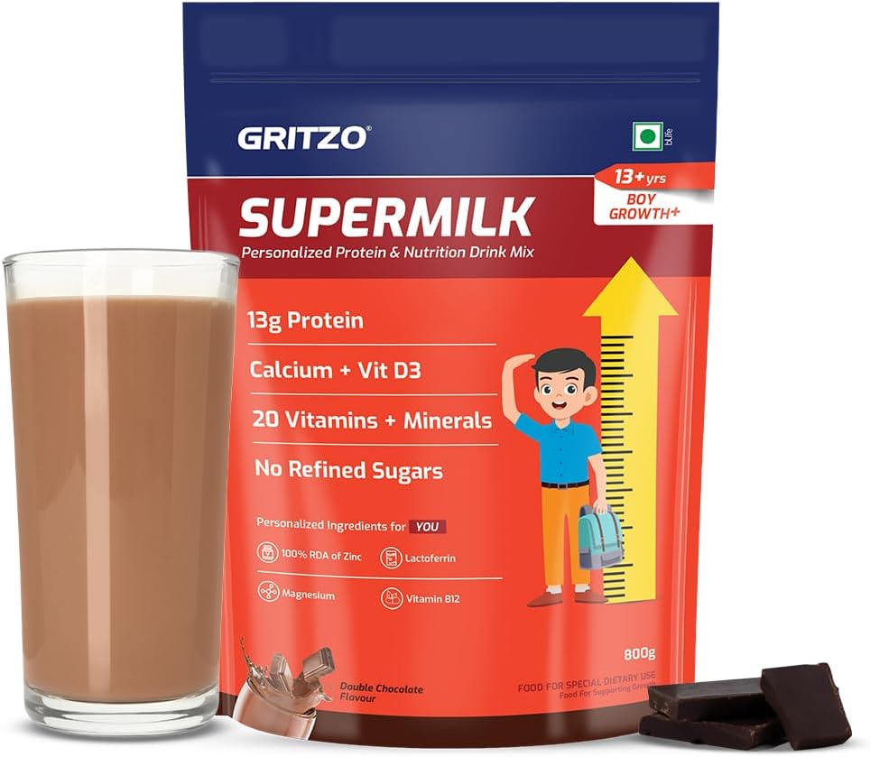 - Gritzo SuperMilk Growth+ (13+y Boys), 13g Protein Powder (Double Chocolate, 800g) | Zero Refined Sugar, 20 Vitamins & Minerals