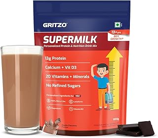 Gritzo SuperMilk Growth+ (13+y Boys), 13g Protein Powder (Double Chocolate, 800g) | Zero Refined Sugar, 20 Vitamins &amp; Mine...