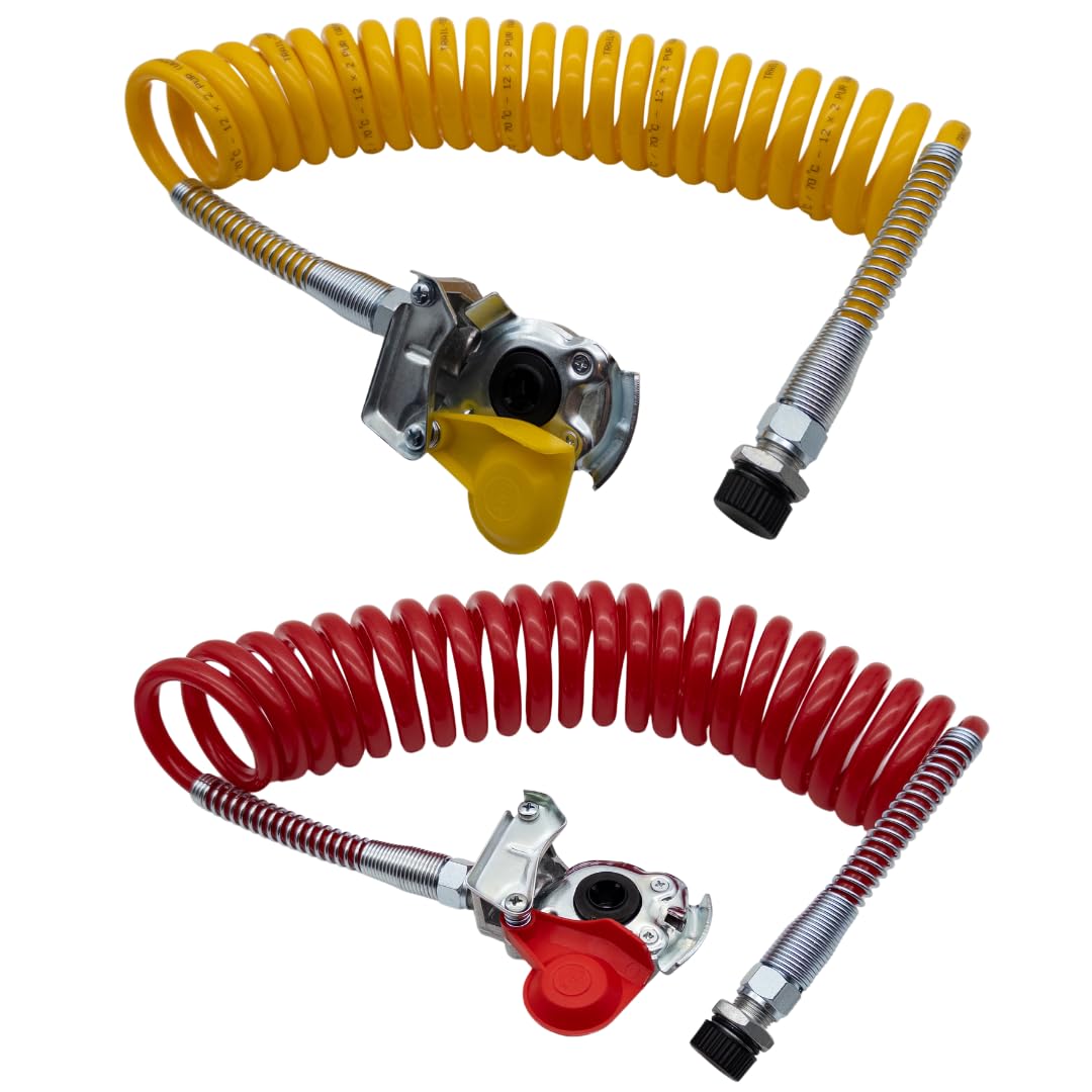 M22 Espiratore d'aria a compressione, tubo a spirale con protezione curva giallo e rosso incl. testa di accoppiamento rosso e giallo con valvola, per trattore, camion