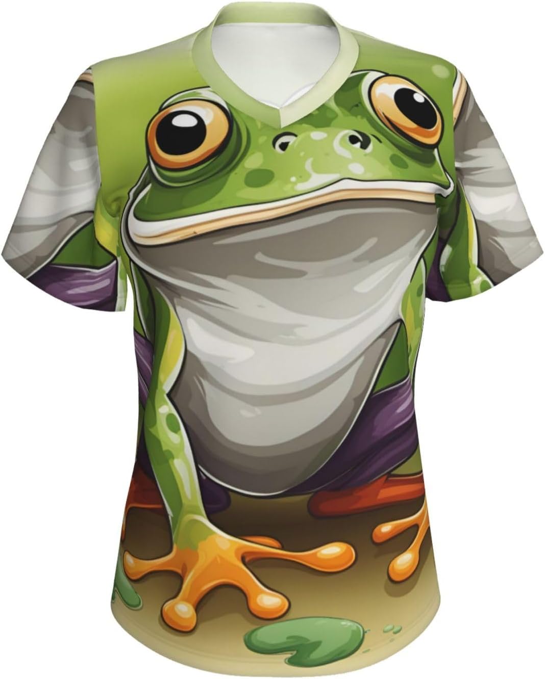 Women Casual Cartoon Frog Print V-Neck T-Shirt Short Sleeve Summer Trendy Tops.