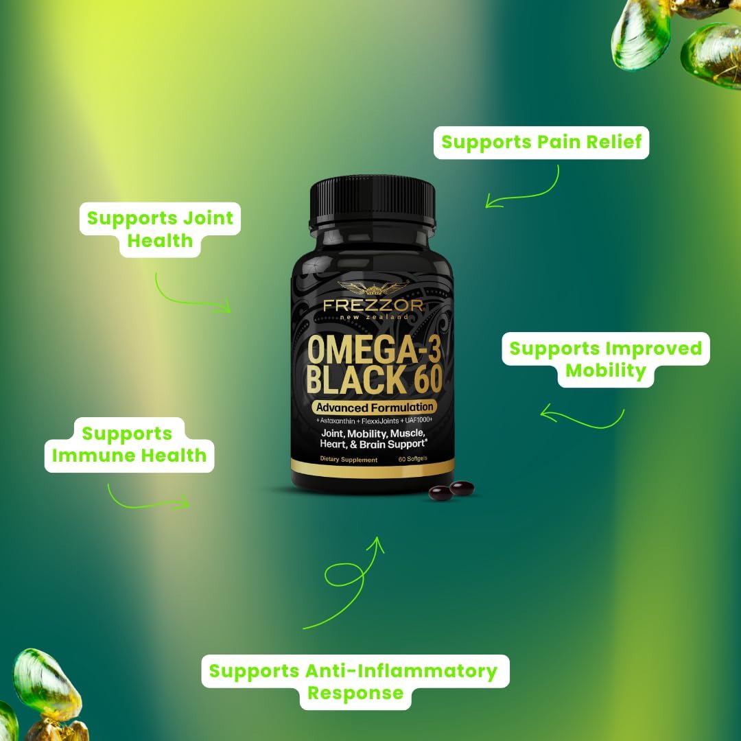 FREZZOR Omega 3 Black - Highest Strength Green Lipped Mussel Oil Capsules, Made in New Zealand, UAF1000+, Inflammation, Joint Care & Relief, Heart & Immune Support, 60 Count (Pack of 4) - Image 4