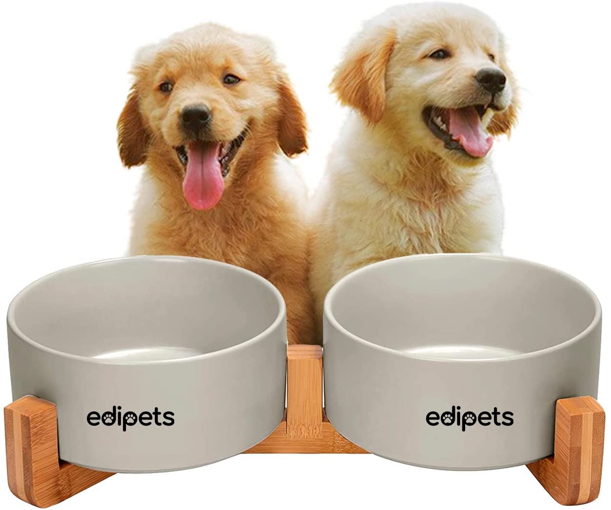 Edipets, Ciotole per Cani Gatti, 400, 800 e 1900 ml, Ceramica, Singola e Doppia, Supporto rialzato in Bambù Antiscivolo, Piccola, Media e Grande, 5 colori (M2, Grigio)