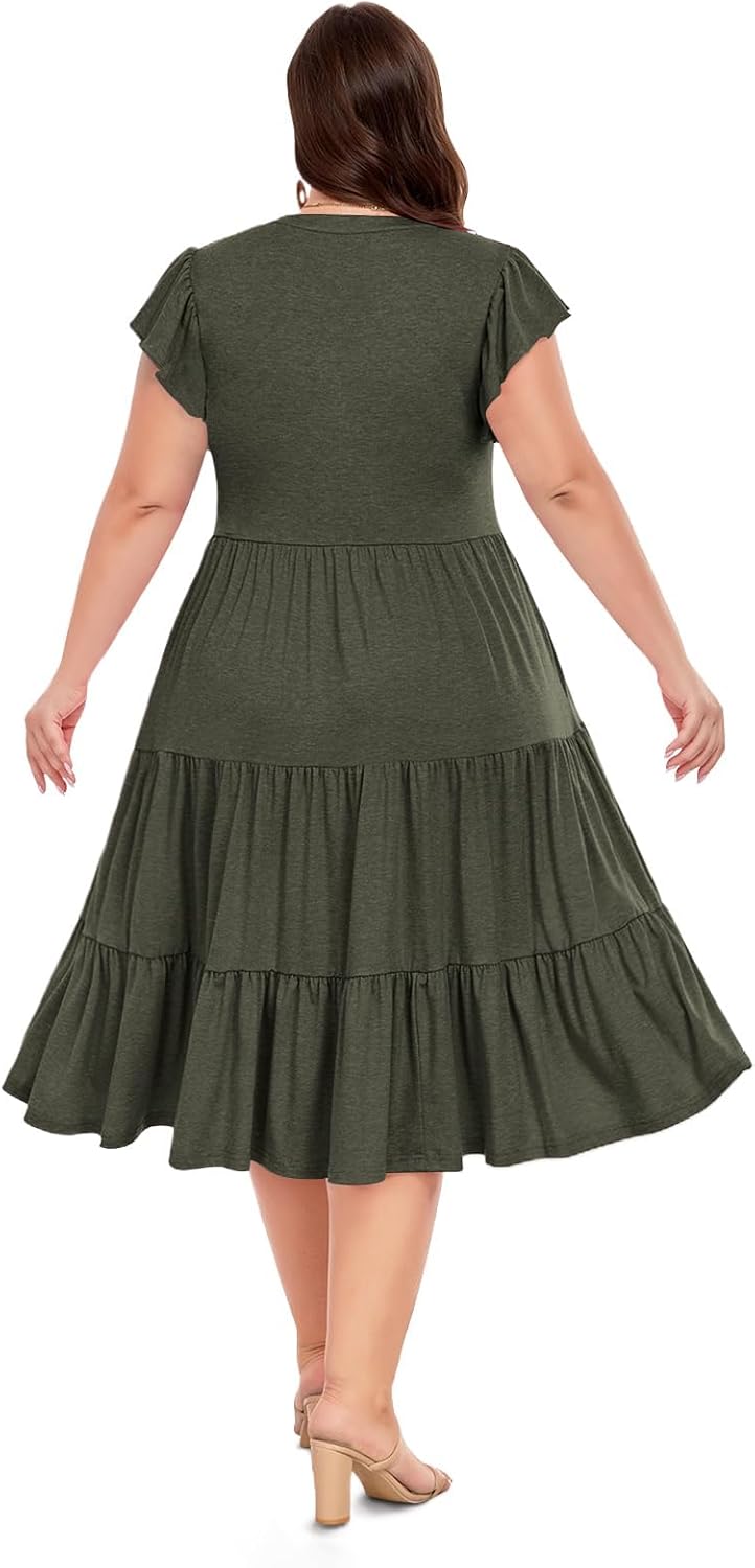 Moon Wood Womens Plus Size V Neck Ruffle Midi Dress 2025 Summer Casual Flowy Tiered Dresses with Pockets - Image 5