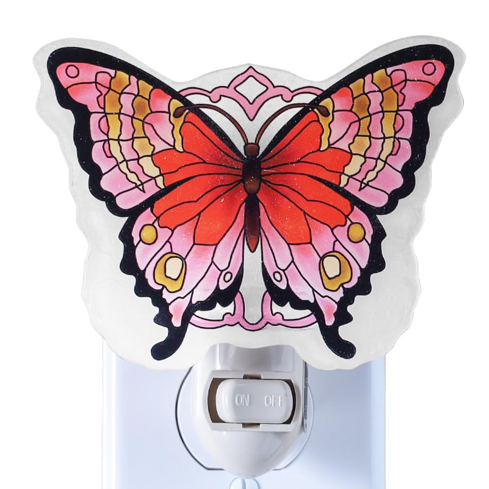Image of Pink Butterfly Night Light Plug into Wall - Made with Real Glass, Stained Glass Styled Nightlight for Hallway, Nursery, Bedroom, Bathroom, Kitchen, Stairway - Nature Inspired Accent Home Decor