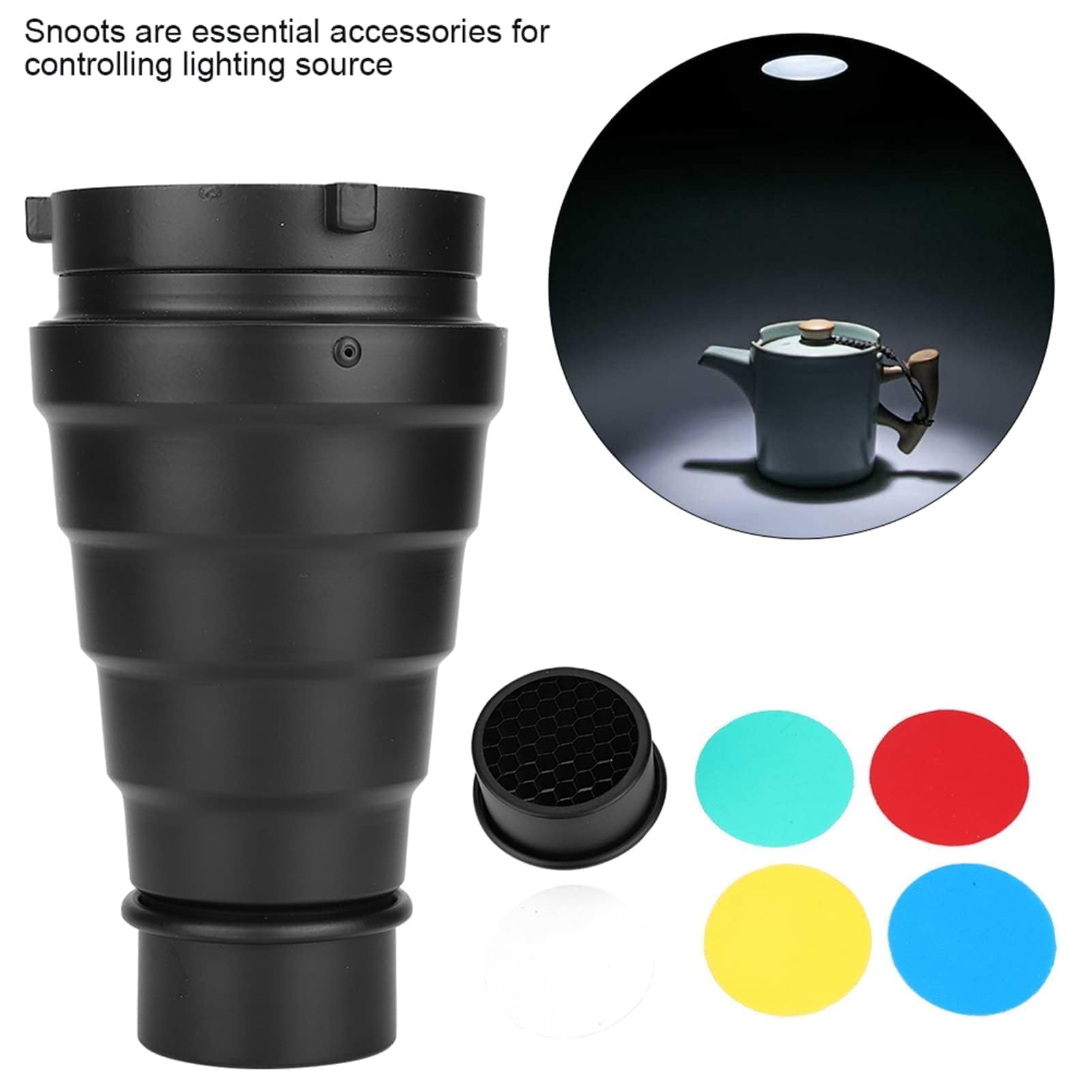 Agatige Kit De Snoot Flash De Estudio Cónico De Aleación De Aluminio con Rejilla De Panal Y Filtros De Color De 5 Piezas para Luces Estroboscópicas De Luna con Montaje, Flash, Luz De Fotografía