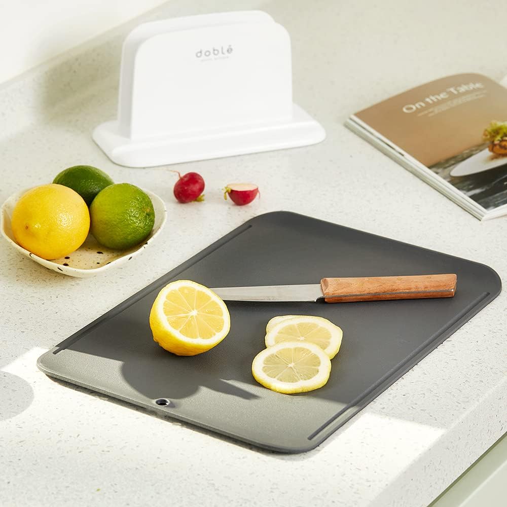 Premium Upgraded doblé Non-Scratch Flexible Cutting Board for Chopping, Scratch Free, Juice Grooves with Easy Grip Handle, Non-Slip Dishwasher Safe for Kitchen 9.3" x 13.7" (Deep Black)