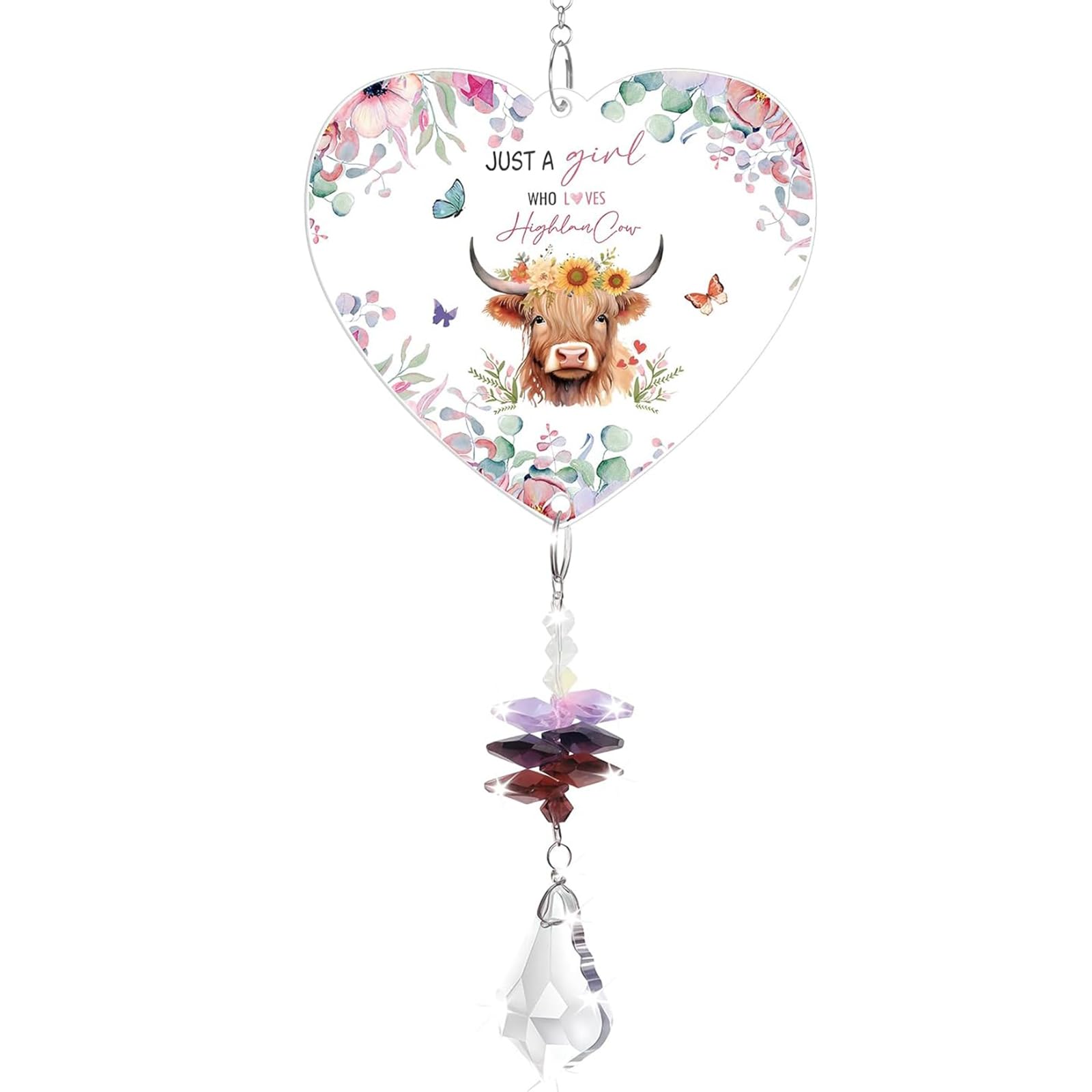 Highland Cow Gifts For Women,Heart-Shaped Crystal Suncatcher Ornament, "Just A Girl Who Loves",Highland Cow Ornaments,Cows Gifts,For Cows Lover Christmas Birthday Party Graduation