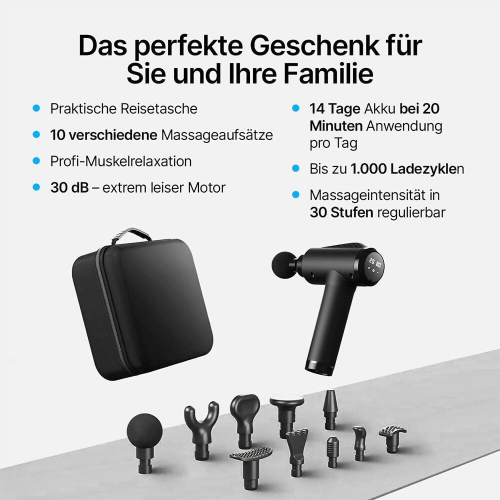 Massagepistole mit 30 Geschwindigkeiten/Massage Gun für tiefe Muskelmassage mit bis zu 3600 Impulsen/min / 10 Aufsätze für Nacken, Rücken & Körper/Mit LCD-Touchscreen