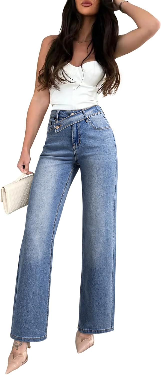 EVALESS Jeans for Women Trendy 2025 Overlap Waist Straight Wide Leg Stretchy Denim Pants - Image 8