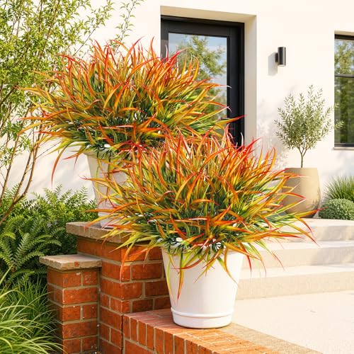Uieke 28 Bundles Artificial Outdoor Plants UV Resistant Fake Grass Plants Faux Plastic Plants for Home Garden Spring Summer Decor, Green & Red