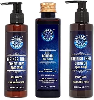 Shesha Ayurveda Bhringa Thali Ayurvedic Shampoo, Conditioner (200ML each) & NeeliBringadi Hair Oil (100ML) Combo Kit (Sulphate & Paraben Free) (Hair Care Combo)