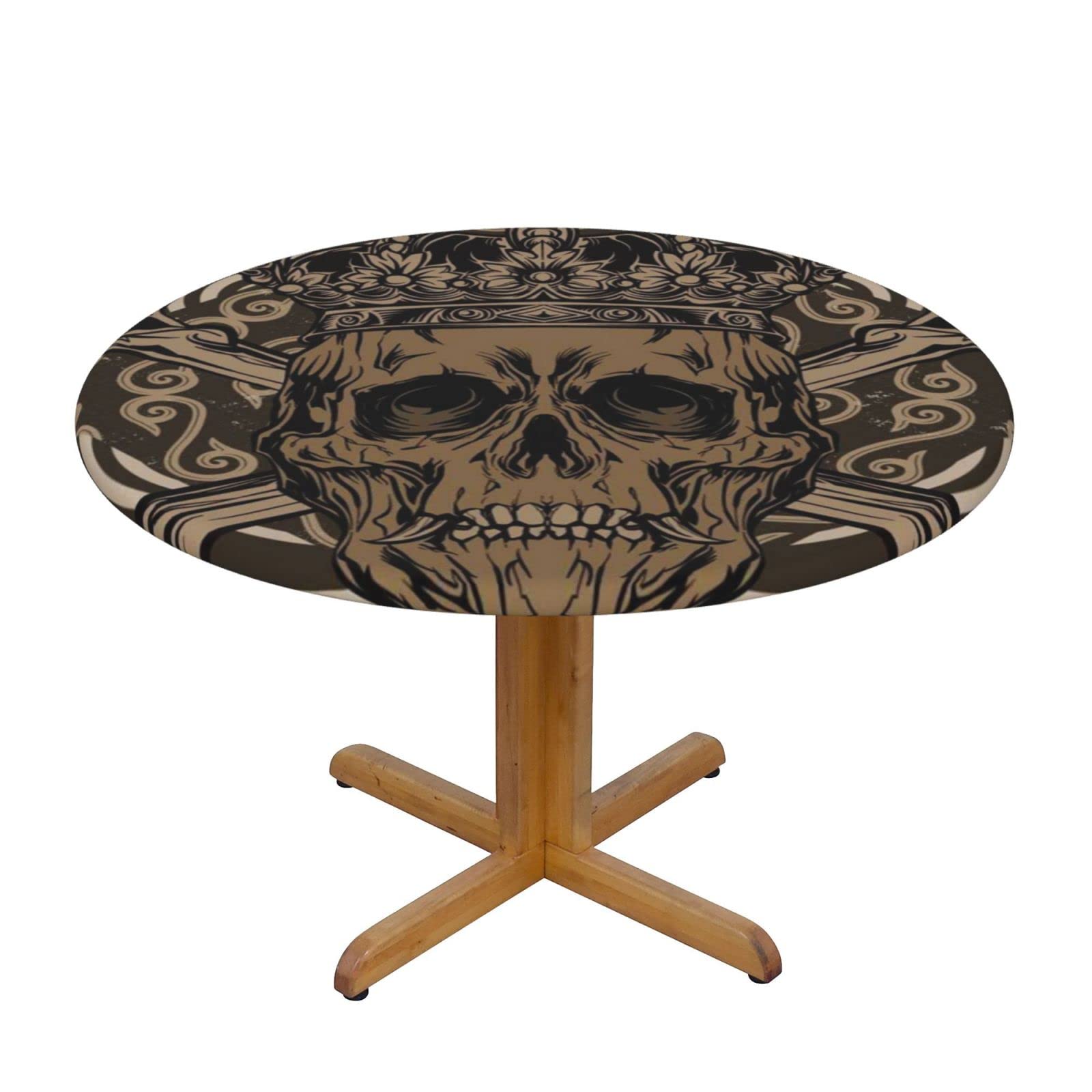 Lsjuee Round Fitted Tablecloth 45-50in Elastic Edged Table Cloth for Kitchen Dining Party Home Decor - Skull Death Crown Brown