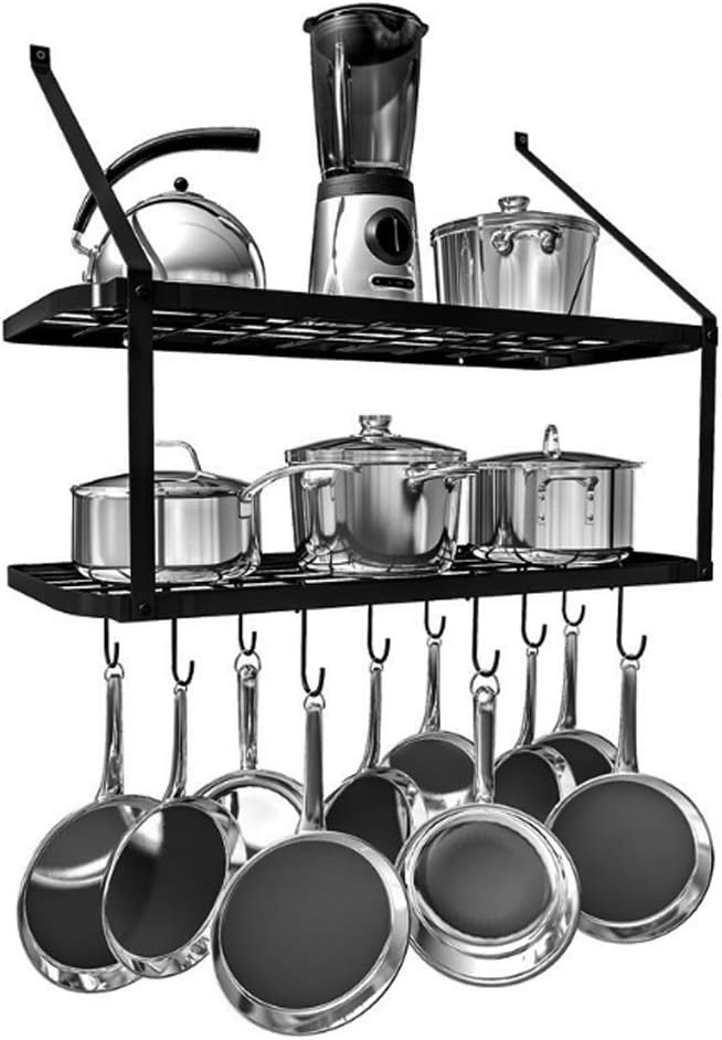Warmiehomy Metal Pot Pan Rack, Wall Mounted Kitchen Shelf with Hooks, Hanging Utensils Holder, Black Shelving Organizer for Kitchen Bathroom Balcony Storage (74.9x34.8x58.9cm)