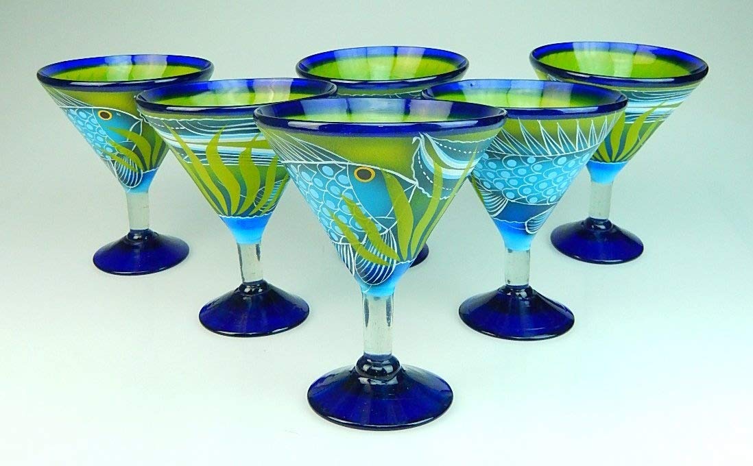 Margarita Glasses Hand Painted Blue with Fish in the Sea design Mexican