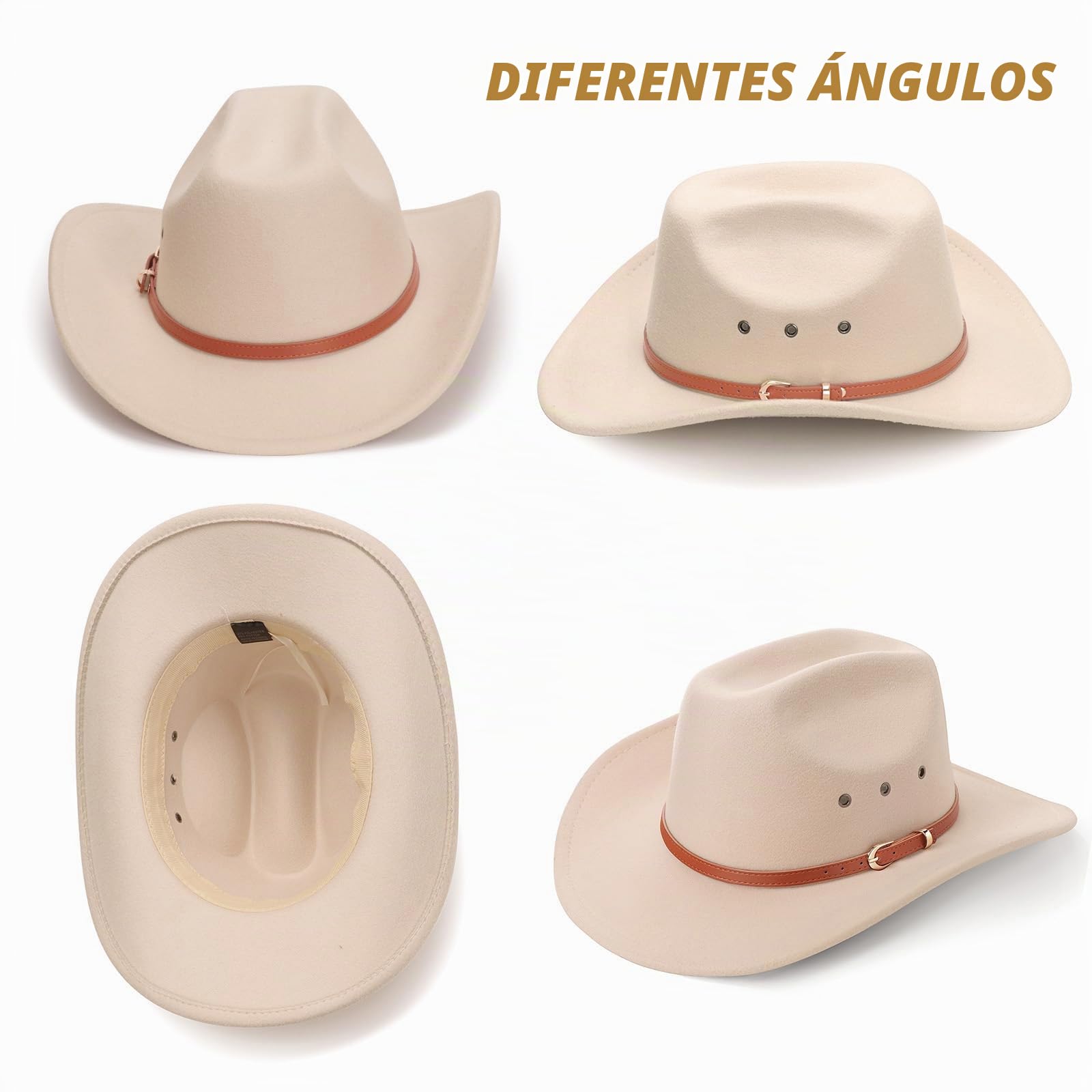 DRESHOW Sombrero de Vaquero para Mujers y Hombres Sombrero de Vaquera Western Clásico con Cinturón de Hebilla Sombrero de Enrollado de ala Ancha Grande Fedora para Unisex