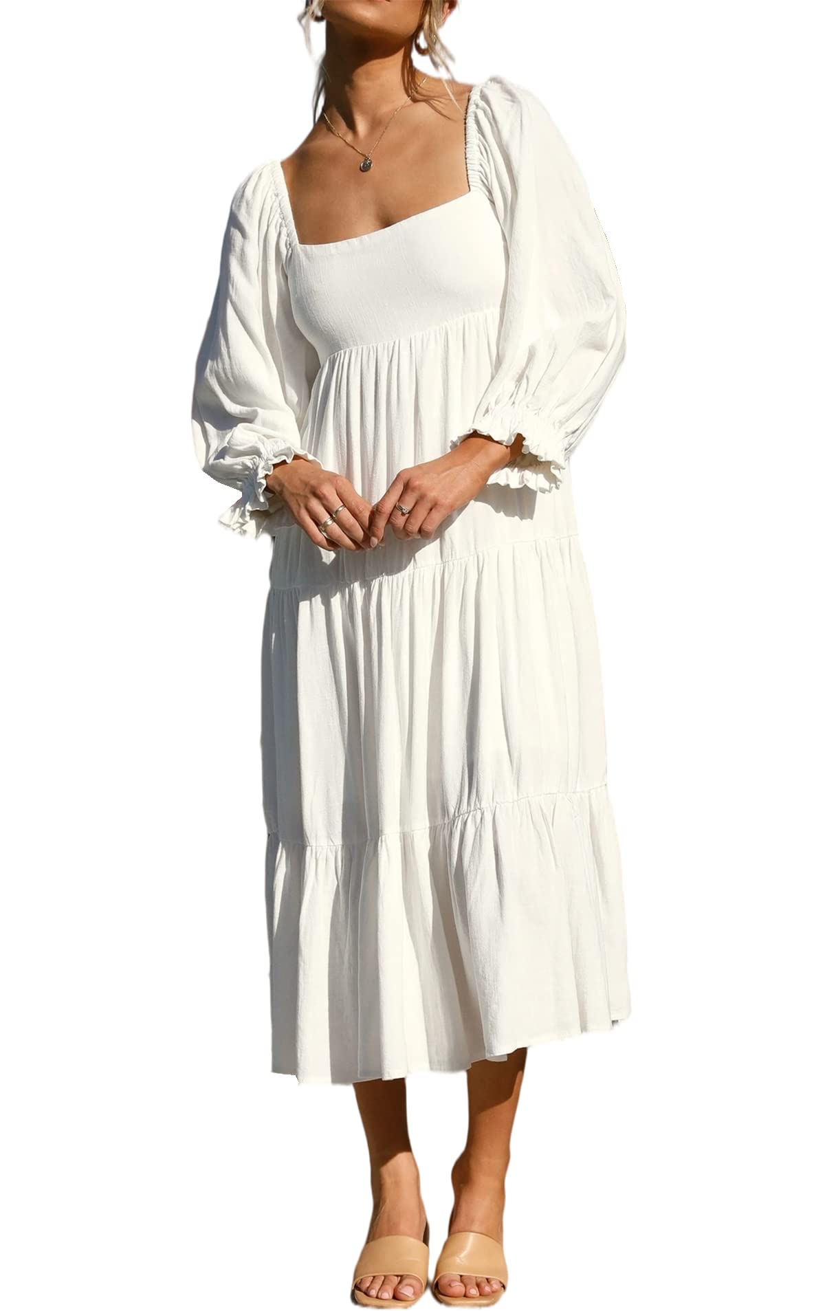 R.Vivimos Women's Fall Cotton Lantern Long Sleeve Square Neck Casual Backless Boho Midi Dress - X-Large White