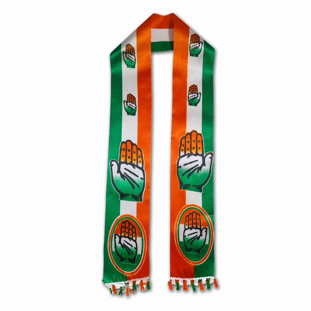 me & you Congress Gamcha/Patka/Muffler l Congress for Men, Women l Satin fabric, Saffron/white/Green, Hand symbol printed gamcha-picture-53
