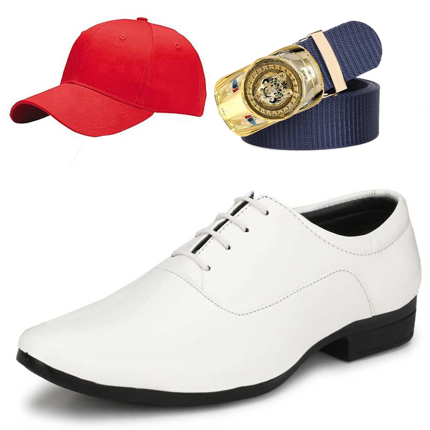 Formal Shoes with Free Base Ball Cap & Free Belt Combo for Men & Boys White-image-48