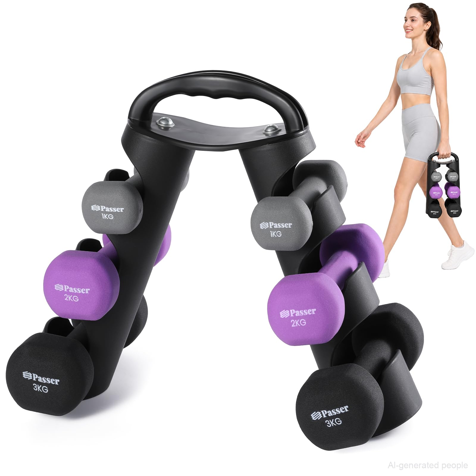 Neopren Hanteln Set mit 3-Tier Ständer, inkl. 2 × 1 kg, 2 × 2 kg, 2 × 3 kg, Hanteln Frauen Männer, Hantelset Kleine Kurzhantelset Gewichte Hantel für Damen - Krafttraining, Fitnesstraining, Gym