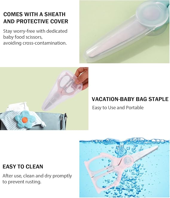 Baby Food Scissors Kicthen Shears,Portable Healthy Cute Kids Scissors Stainless Steel Scissors with Safety Lock and Storage Case - Ideal for Cutting Meat, Chicken, Vegetables, and Fruits (2Pack)