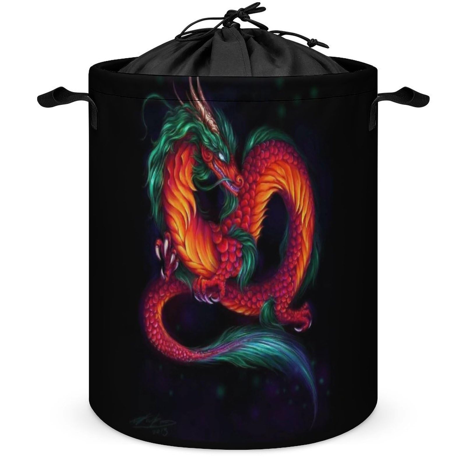 Qjjinxior Drawstring Laundry Hamper, Chinese Dragon Laundry Basket, Washing Basket with Handle