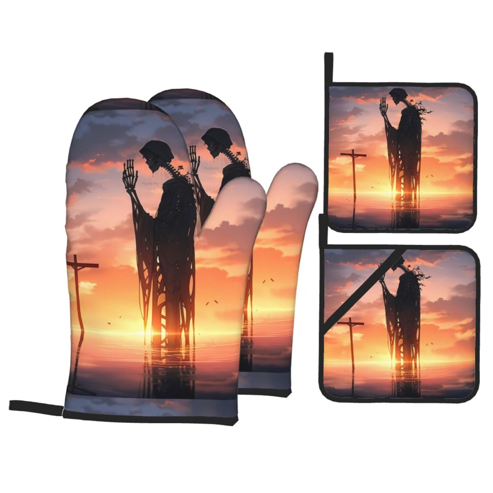 YYHWHJDE Skeleton At Sunset Printed Kitchen Baking Set of 4 Thick Insulated Oven Mitt & Pot Holders, Anti-Scalding for Microwave, Oven, Outdoor BBQ