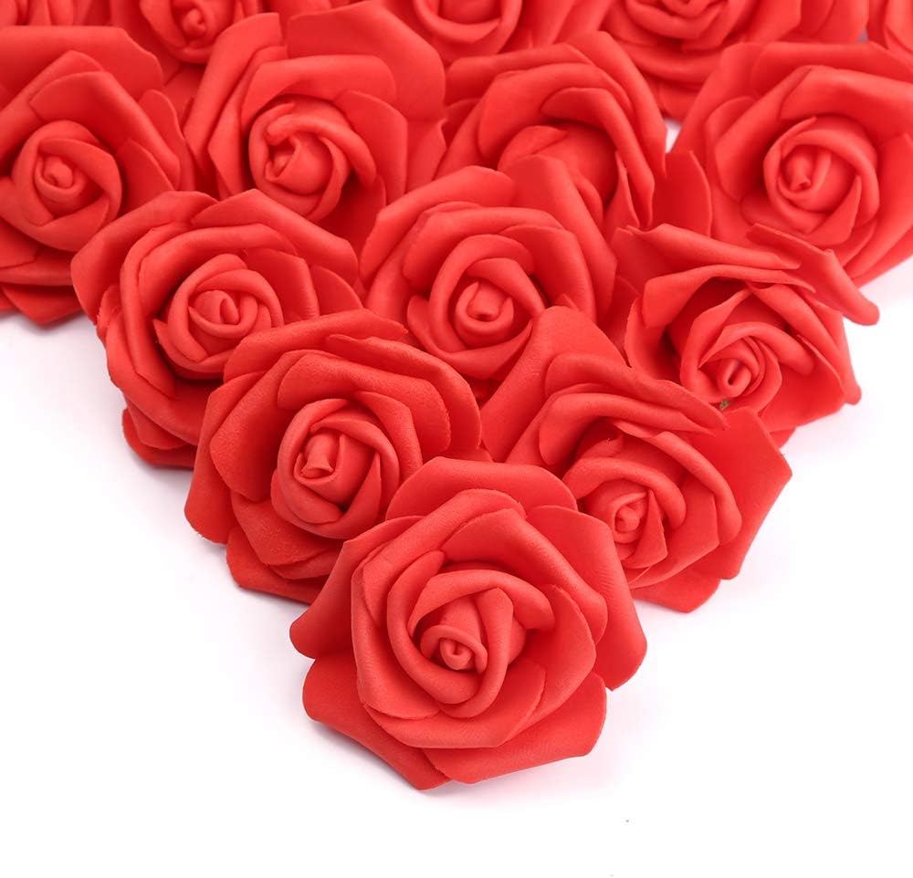 IPOPU 100 Pcs Artificial Flowers Roses Flower Heads Coral Red Foam Fake Roses for DIY Craft Wedding Centerpieces Arrangements Party Baby Shower Cake Decor Home Decorations (Red, Stemless) Red 100pcs