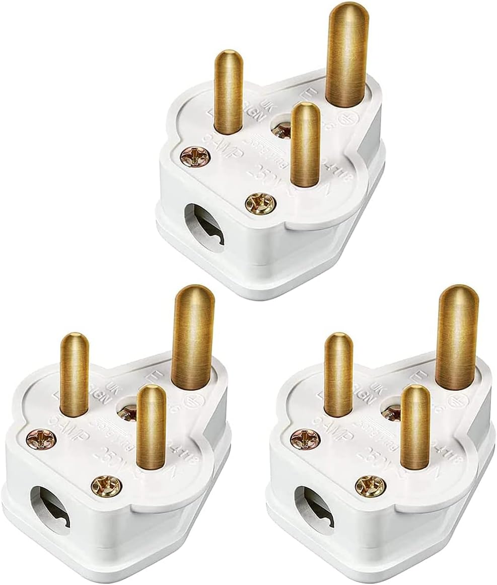 3 Pack 5 Amp Round Pin Plugs 3 Pin 5A Plug Round Pin Plugs Adaptor Household Lamp Plug Lighting Plugs for Home Lights, Lamp (White)