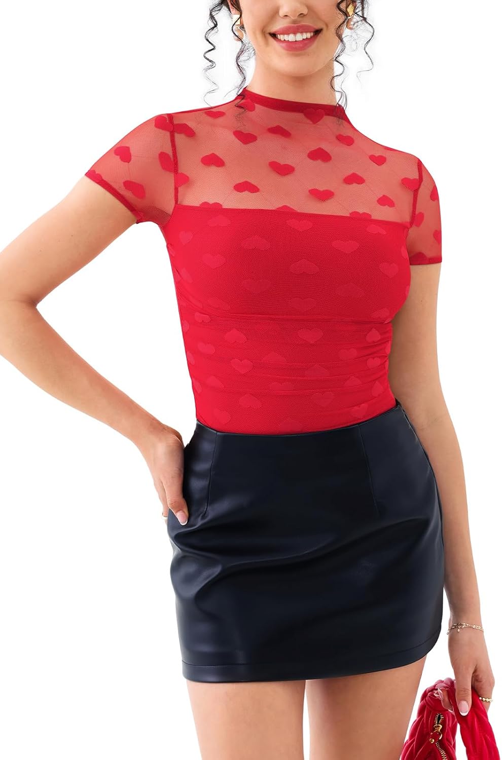 REORIA Women's Sexy Mock Turtle Neck Short Sleeve Shirts Sheer Mesh Ruched Trendy Going Out Bodysuits Tops - Image 2