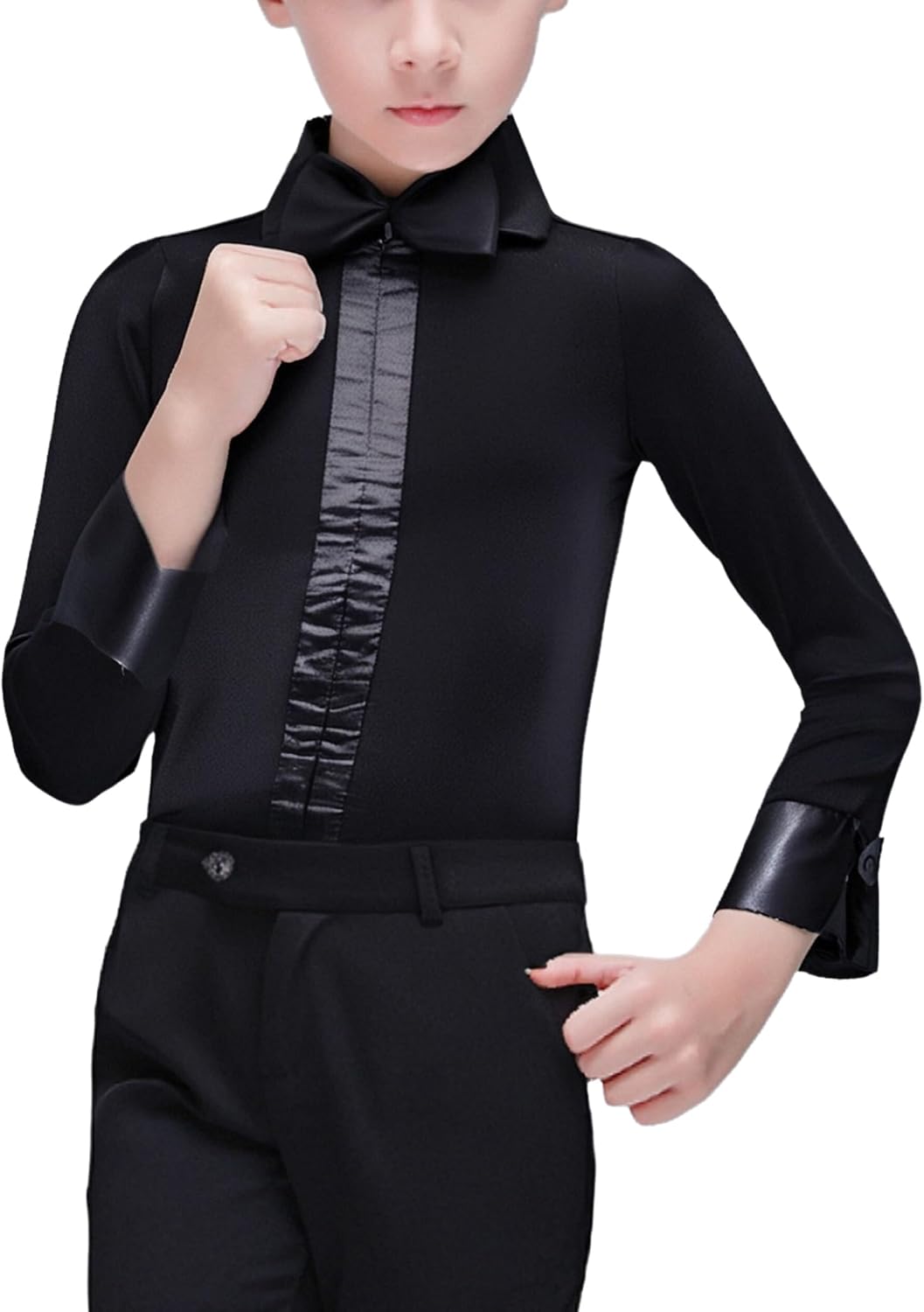 Kids Boys Latin Dancewear Set Long Sleeve Leotard Shirt with Bow Tie for Cha Cha Salsa Stage Performance