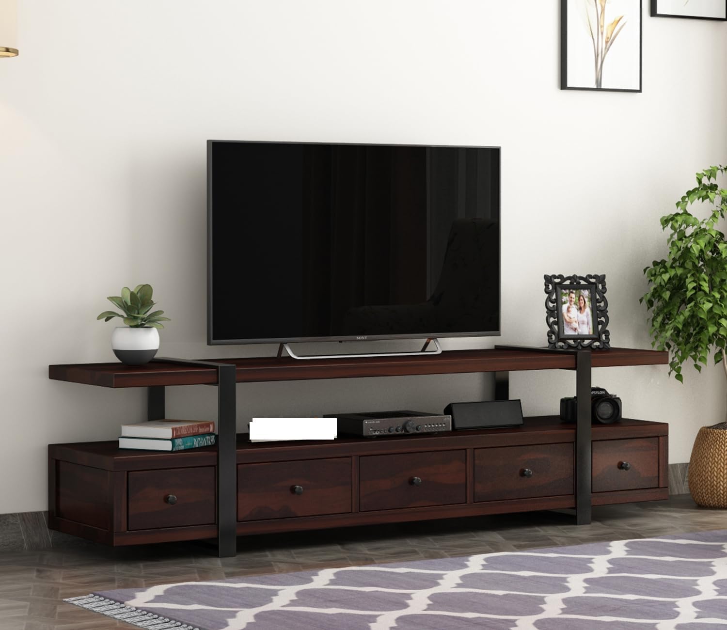 sheesham Wood Wooden TV Cabinet for Living Room 65+ inch - TV Table for Living Room Entertainment Unit - Solid Wood TV Unit for Livingroom 65 Inch with 5 Drawers (Design 6)-image-45