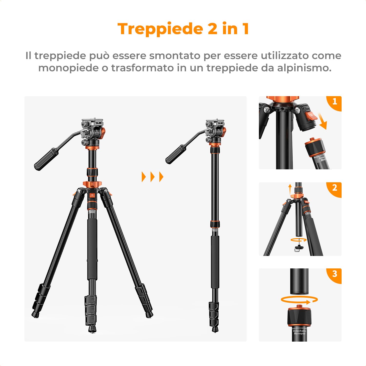 K&F CONCEPT Treppiede Fotocamera 202cm, Treppiede Video Professionale con Testa Idraulica, Treppiede da Viaggio in Alluminio, Cavalletto Fotografico con Monopiede Smontabile, Portata 5kg, K234A7