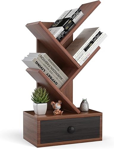 Tangkula Estantería de árbol de 5 niveles con cajón, estantería rústica de 5 estantes que ahorran espacio, estantes organizadores de madera retro
