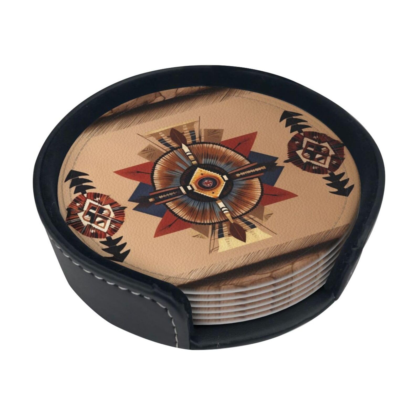 Cntdbu White Native American Patterns Leather Coasters Set Of 6-Pu Leather Drink Mats For Table, Heat Resistant Round Coasters With Holder