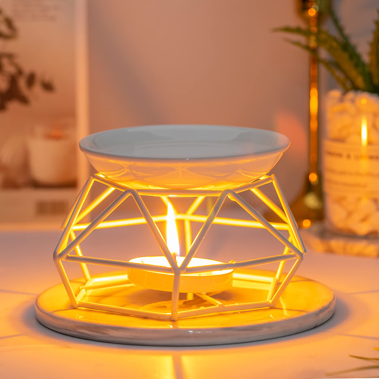 Lampe à Bougie parfumée en métal avec Support pour Bougie Chauffe-Plat(Blanc)