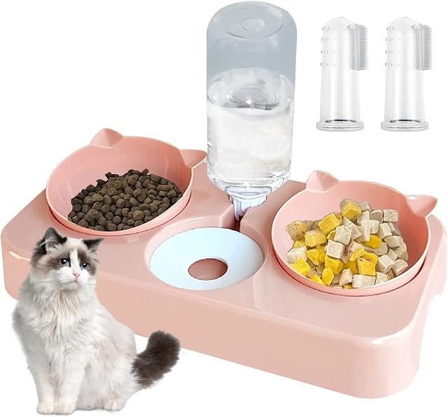 Cat Bowls with Water Bottle, Triple Cat Feeding Bowls 3 in 1 Cat Feeder, Dry and Wet Separation Tilted Food and Water Bowl Set for Cats Kitten Small dogs, with 2 Finger Toothbrushes (Pink)