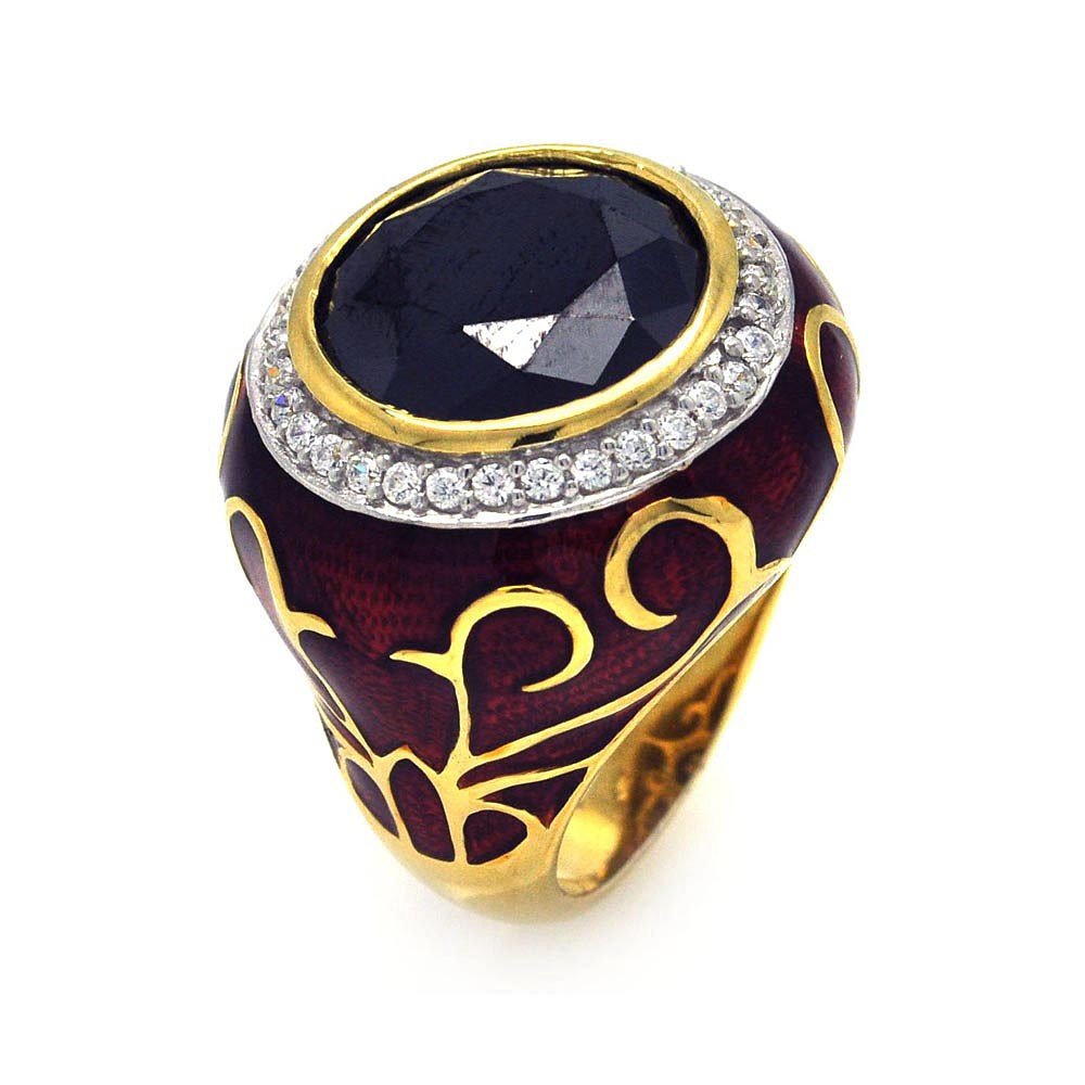 Rhodium & Gold Plated Red Enamel Black Center & Clear Cluster CZ Victorian Ring