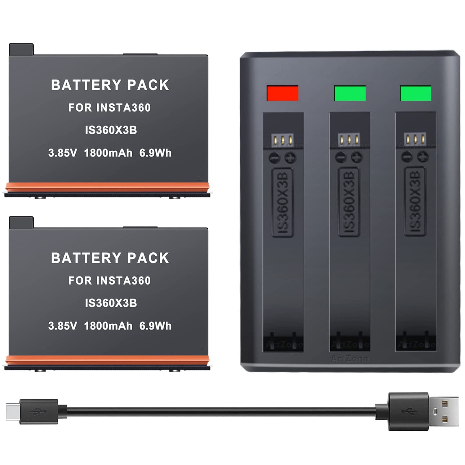 eWINNER Replacement Power Battery Fast Charge Hub Kit 2 Pack Batteries (1800mAh) +3 channel LED Indicator Light charger Fully Compatible with insta360 ONE X3 Original Action Camera