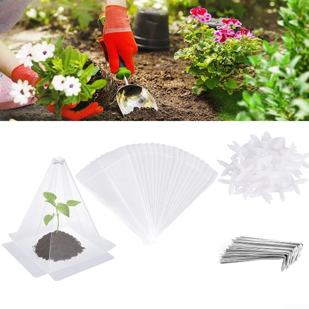 Lot de 40 cloches de jardin transparentes en PVC robuste avec piquets de soutien, protecteurs de plantes résistants aux intempéries pour animaux contre le gel, la neige, les animaux, serre