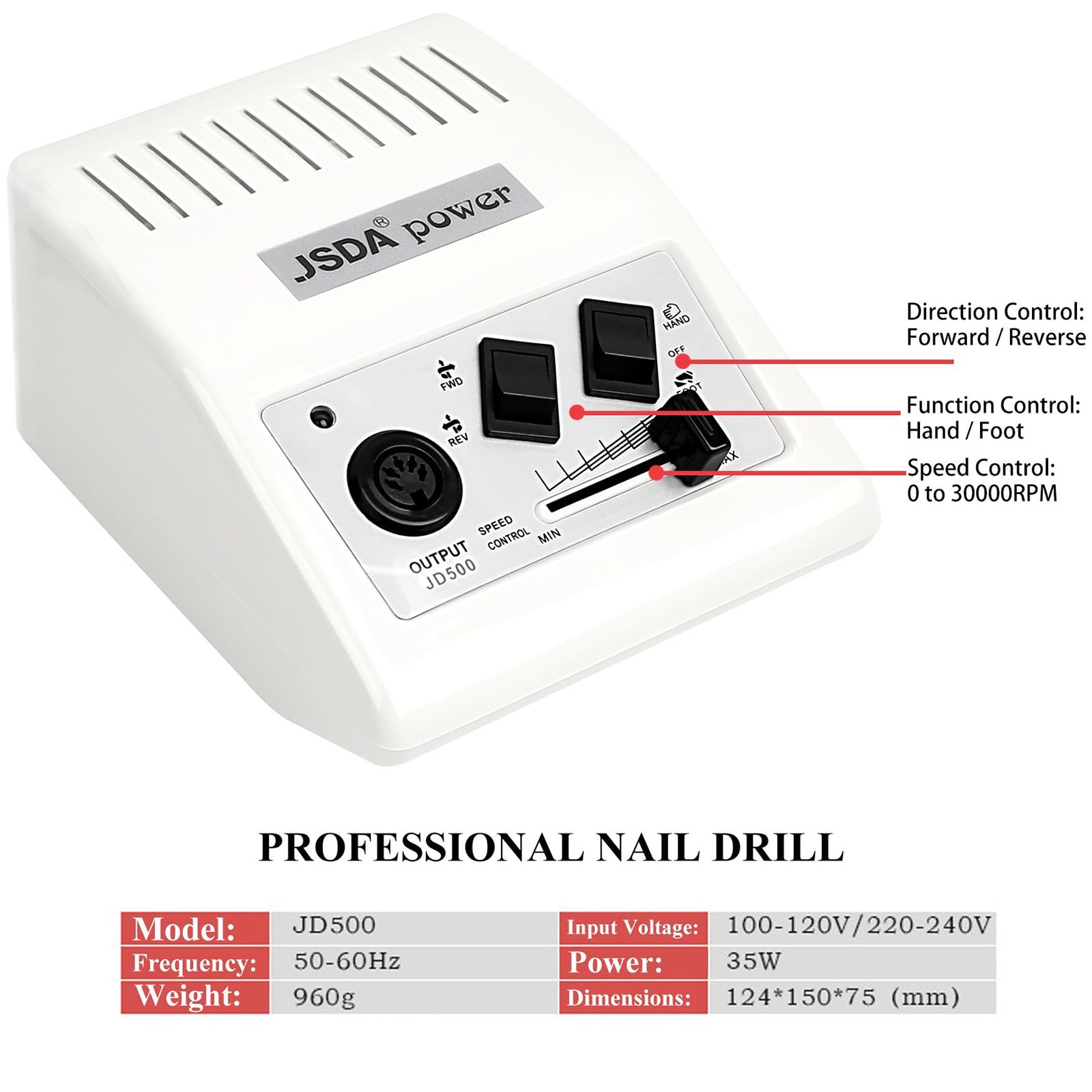 JSDA® Profi Elektrische Nagelfeile für Gelnägel, Shellac - 30000 U/Min Inkl 4 Bits & Fußpedal Maniküre Pediküre Fußpflegegerät Acrylnägel weiß