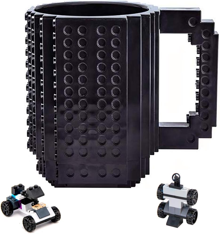 Build-On Brick Mug Set - Black 12oz 350ml Building Toy Cup Unique DIY Blocks Cup