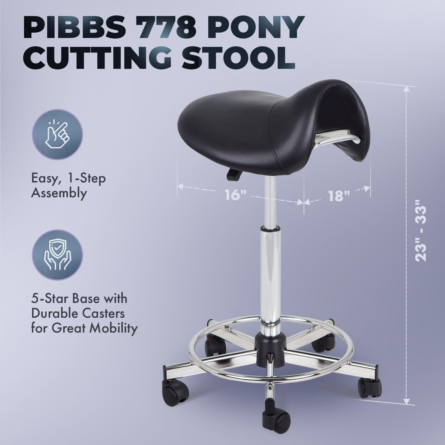Pibbs 778 Pony Professional Cutting Stool for Salons - Adjustable Height 23"–33", Extra-Thick Upholstered Seat Cushion, Ergonomic Design for Back Relief, 5-Star Base with Smooth Casters, PIB-778