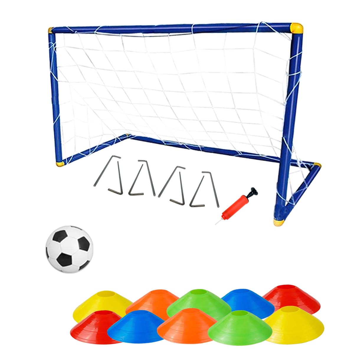 Kidoloop 120CM Kids Football Goal Set with Net, Ball, Pump, 4 Pegs and 10 Cones, Portable Soccer Goal for Boys and Girls Indoor Outdoor Training Play Set