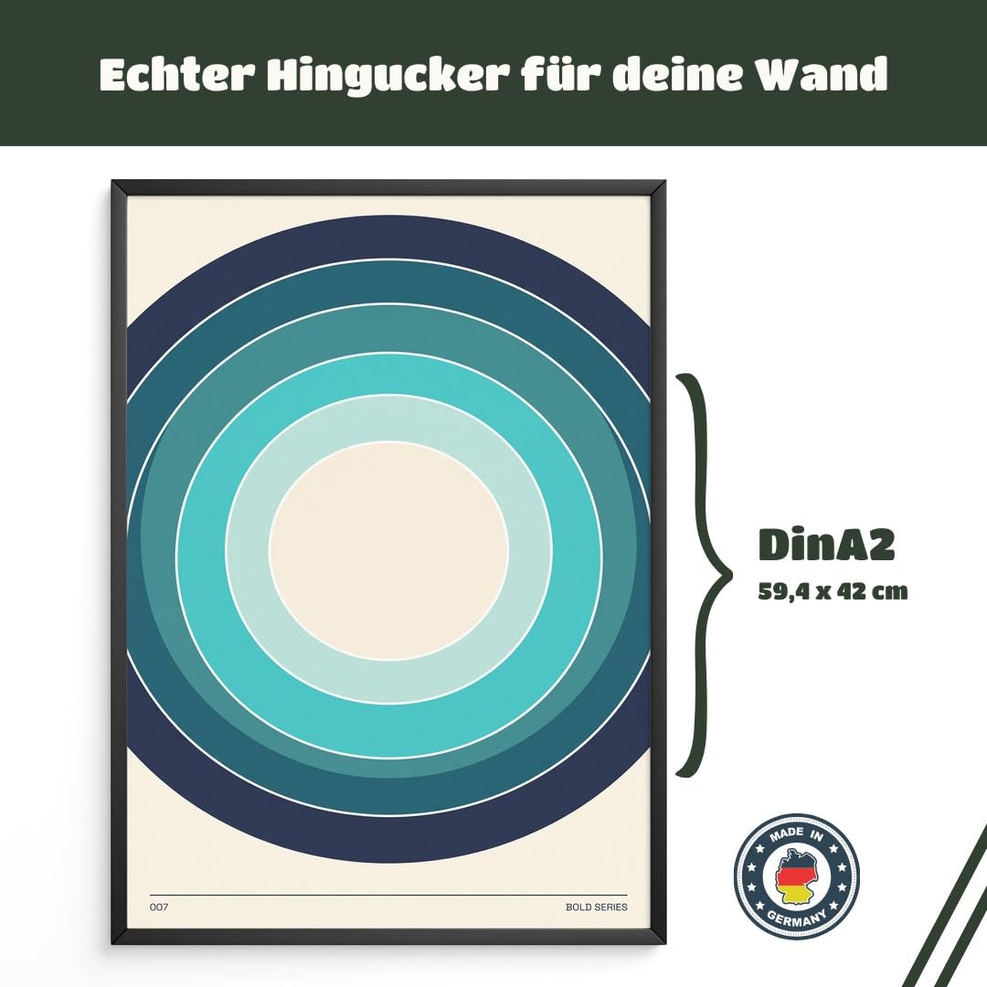 MJ-GRAPHICS® Poster Kreise Kunstdruck geometrisch Wandbild Blau Türkis Deko Wohnzimmer Entspannung Harmonisch Beruhigend Kunst druck Modernes Design Dekoration A2 mit schwarzem Rahmen