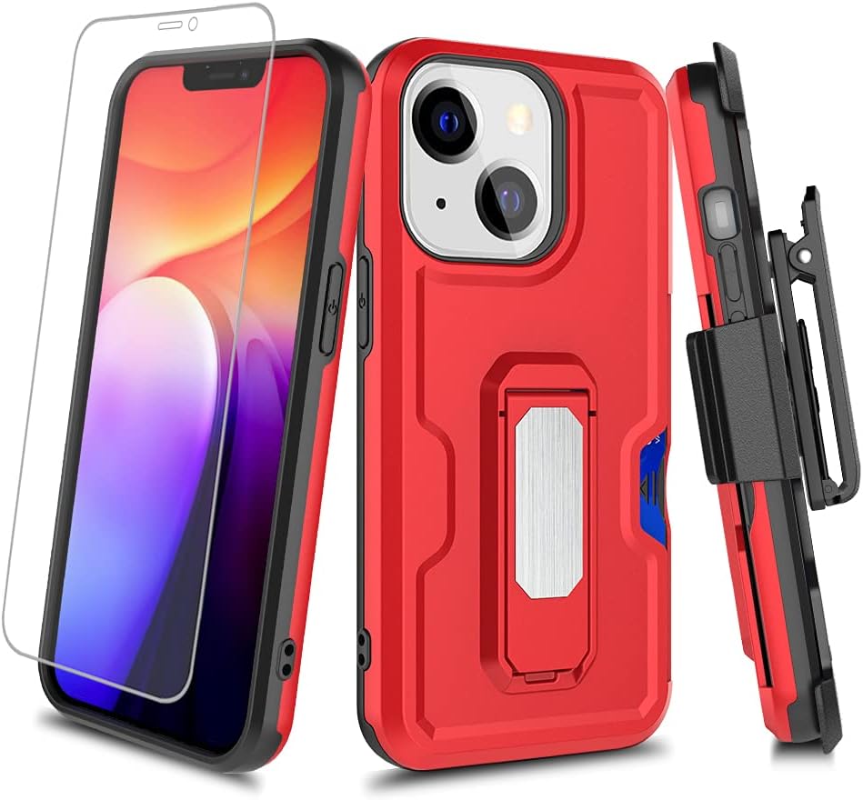 AKIMICA Shockproof Military Grade Drop Tested Phone Case with Metal Kickstand Clip Card Holder Fits for iPhone 13 Mini 5.4 Inch (Red) : Cell Phones & Accessories