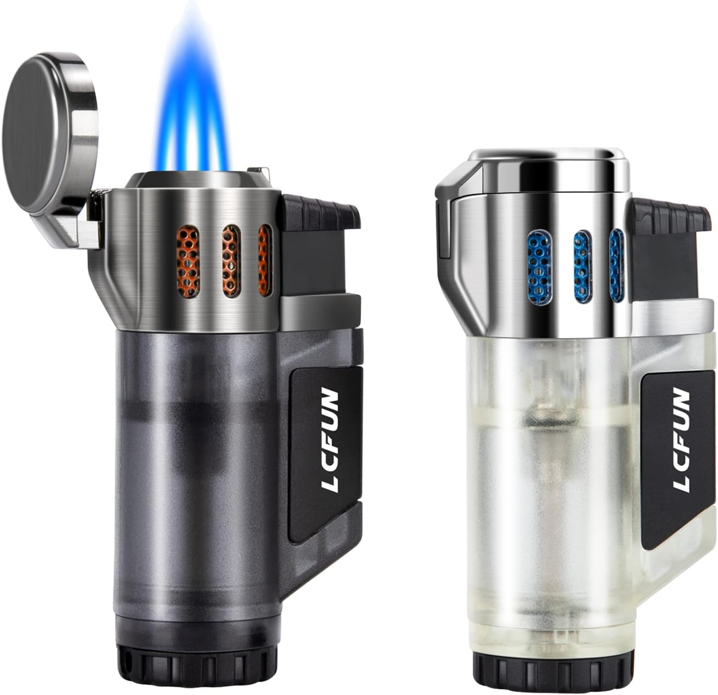LCFun Torch 2 Pack Refillable Triple Jet Windproof Lighters - Butane Not Included (Black & Silver)