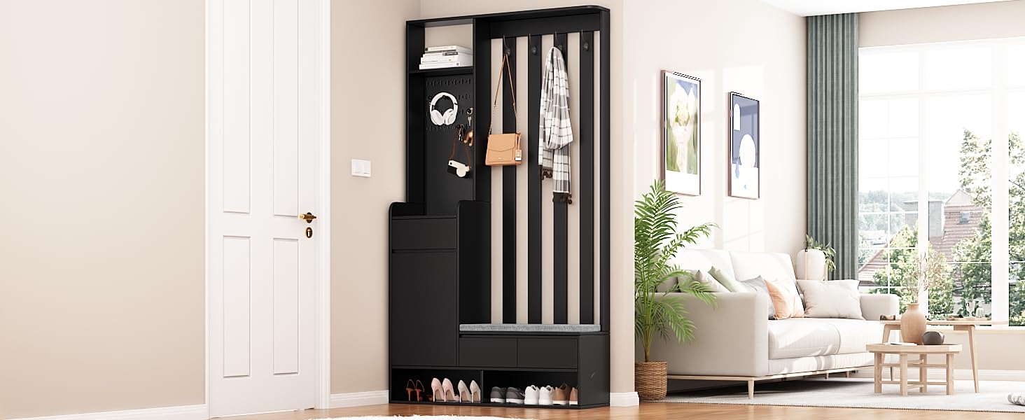 Perchero de pasillo con banco de almacenamiento acolchado, H180/B100/T35 cm, moderno perchero con 4 ganchos para entrada, zapatero multifuncional con panel de ranuras, color negro
