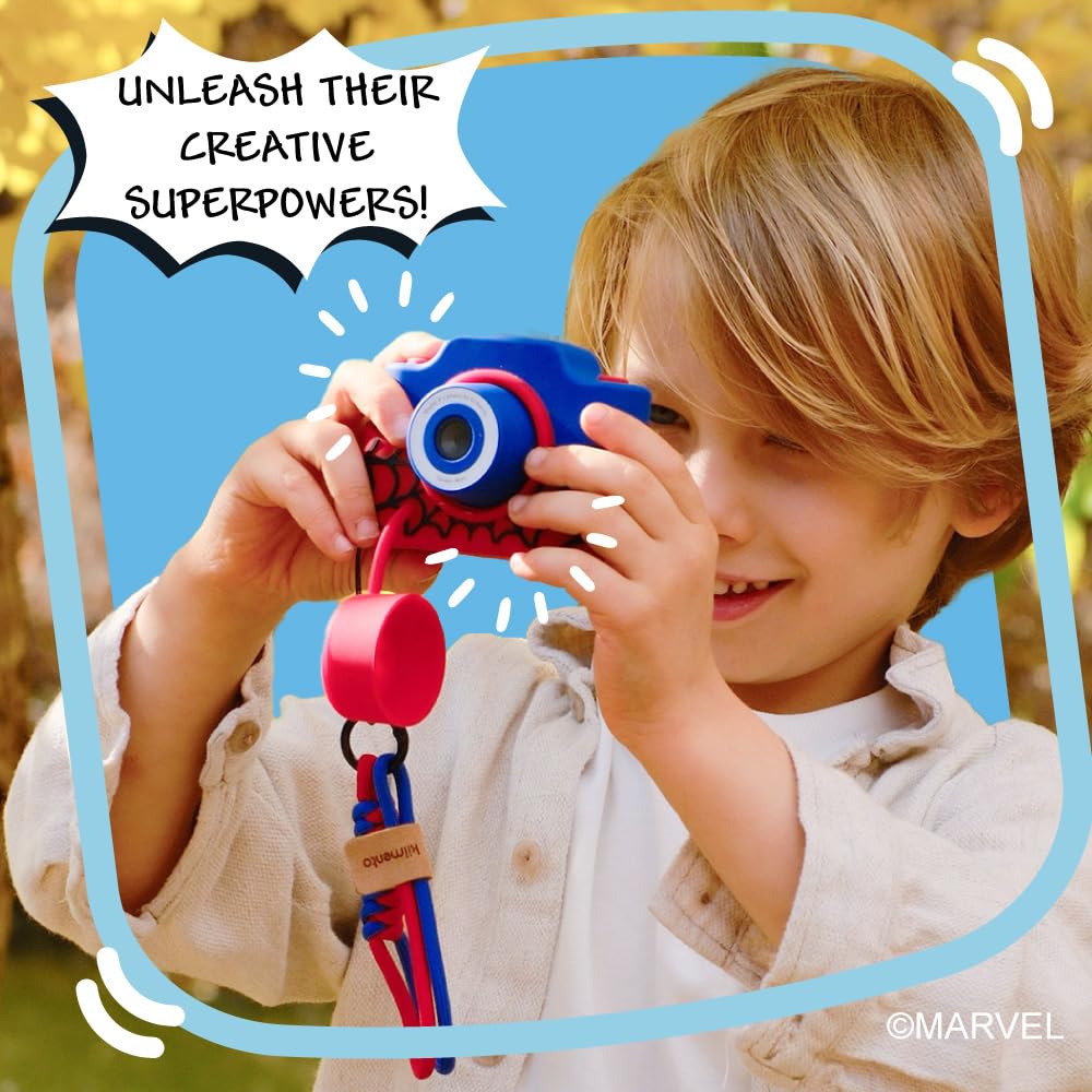 Kidamento Appareil photo numérique et caméscope vidéo pour enfants avec écran tactile, boîtier en silicone souple, capuchon d'objectif amovible, carte mémoire de 32 Go – Modèle K Spider Man