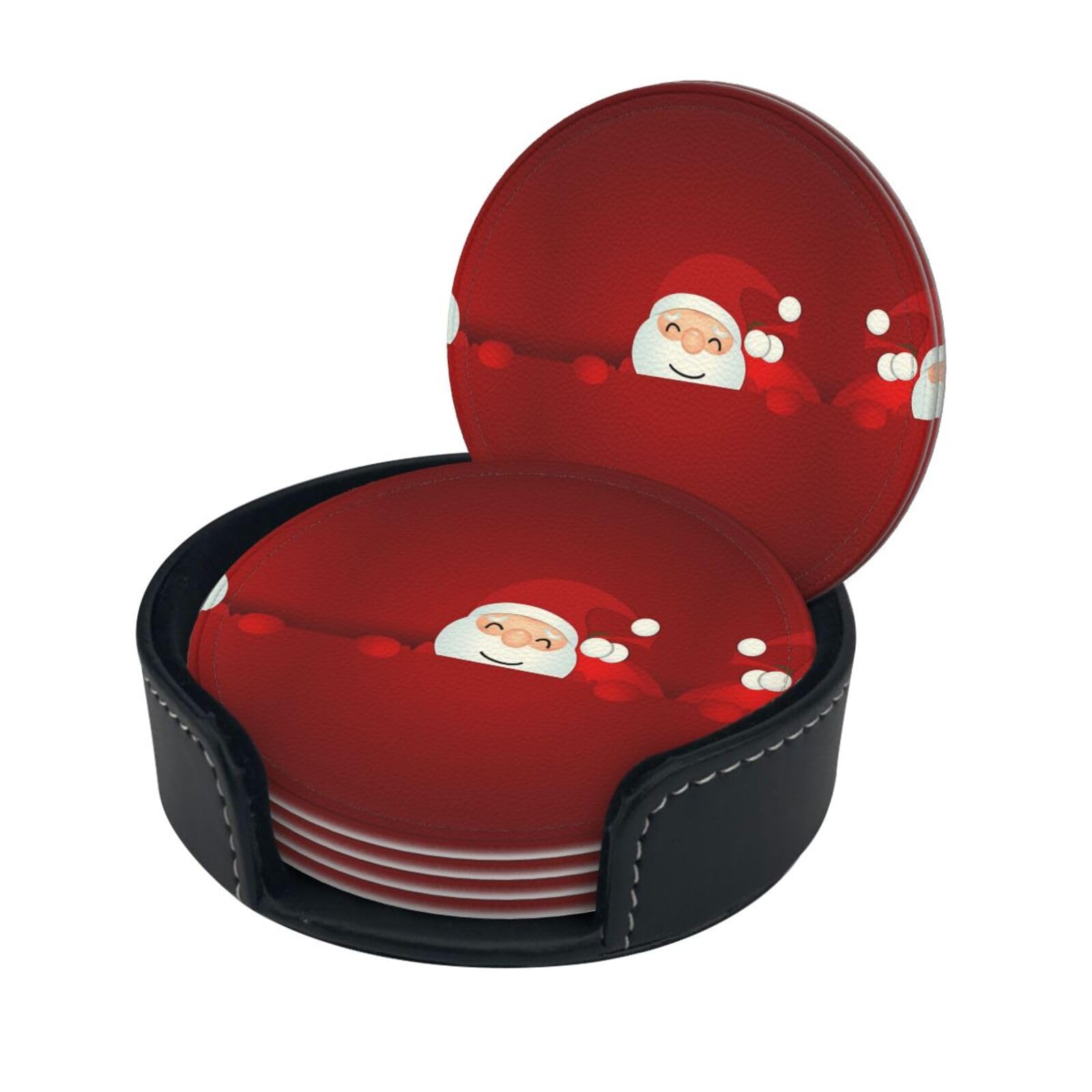 Cute Santa Claus Print Round Leather Coasters - Set Of 6, Ultra-Fiber Pu Leather