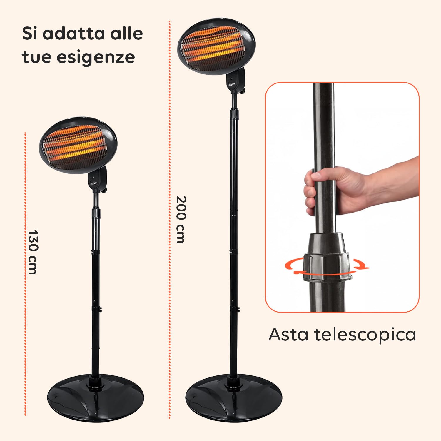 Wintem – Stufa Elettrica da Patio Verticale Ignis con 3 Livelli di Riscaldamento, Altezza Regolabile 130–200 cm, Testa Inclinabile a 45°, Riscaldamento Elettrico a Basso Consumo per Esterni